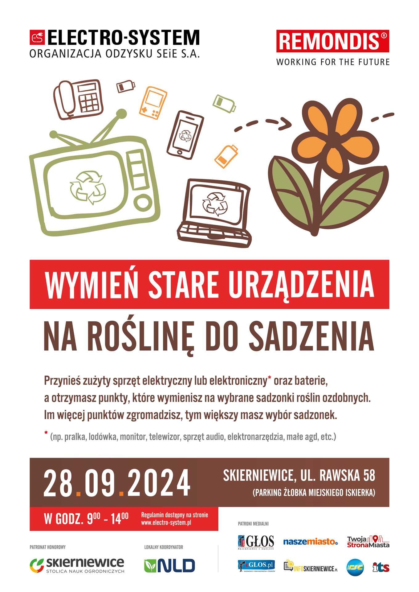 Plakat promujący ekologiczną akcję wymiany elektrośmieci na sadzonki roślin, organizowaną przez Electro-System i Remondis. Na plakacie znajduje się rysunkowa grafika przedstawiająca zużyty sprzęt elektryczny i elektroniczny, w tym telewizor, laptop, telefon oraz baterie, obok których widnieje sadzonka rośliny. Tekst informuje, że akcja odbędzie się w sobotę 28 września 2024 roku, w godzinach 9:00-14:00, na parkingu żłobka miejskiego 